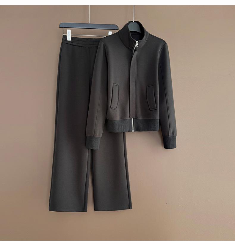 Women's Trendy Korean Style Casual Sports Suit: Plush Stand Collar Jacket & Wide-Leg Pants Two-Piece Set for Spring/Autumn 2026.