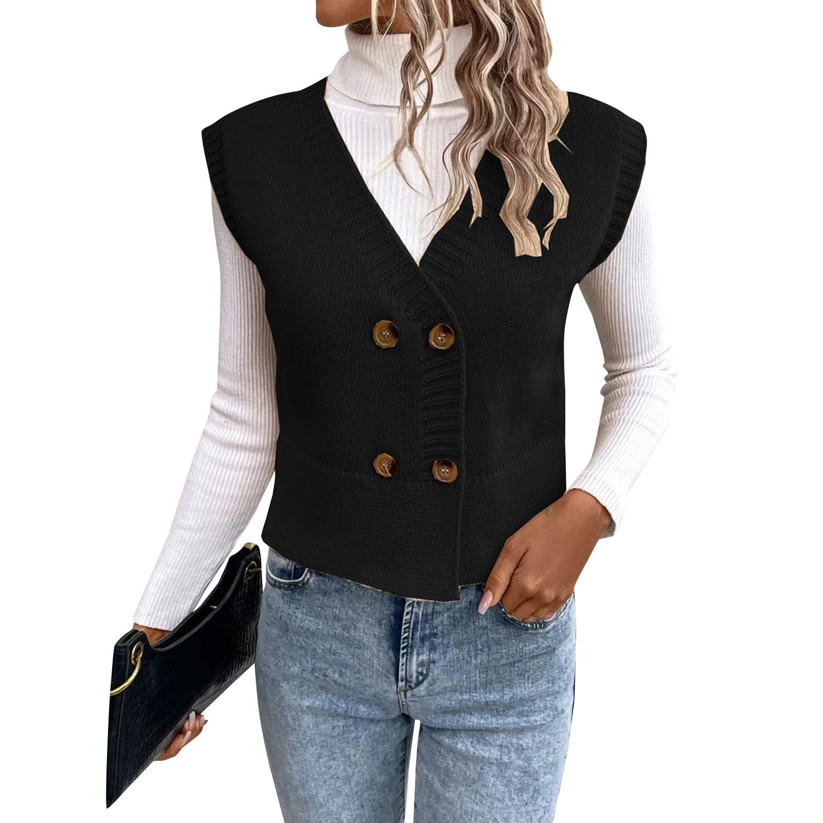 

Женский модный однотонный повседневный трикотажный пуловер без рукавов свитер жилет S чёрный