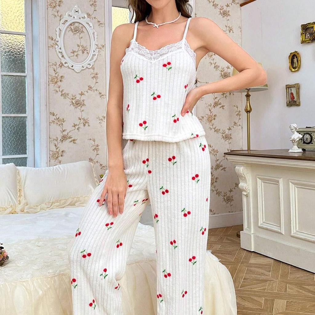 Women's Three-Piece V-Neck Cherry Pajama Set with Lace Trim