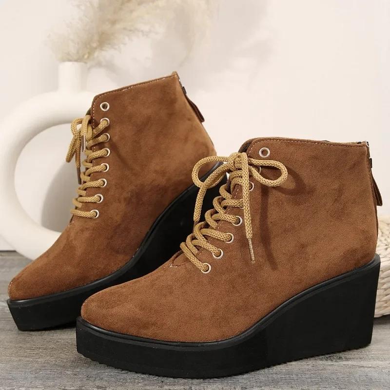 

Fashion 2024 Fashion Ladies Shoes Lace Up Women s Boots Winter Suede Solid Short Barrel Platform Wedge Plus Size Boots Zapatos De Mujer 42