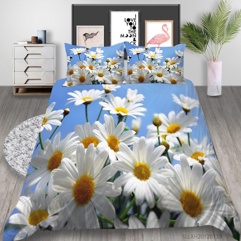3D Printing Household Bedding Set Chrysanthemum Printing Pillowcase and Quilt Cover 2/3 Pieces of Plant Microfiber Comfortable Household Bedding