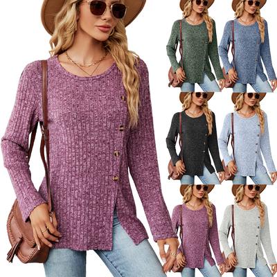 2024 European And American Autumn And Winter New Round Neck Button Slit Loose Long Sleeved T-Shirt Top For Women