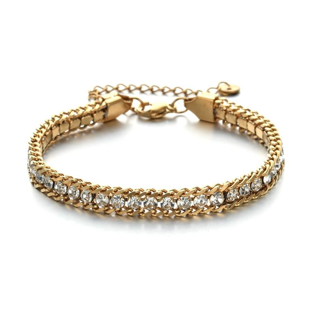 Luxury Iced Out Chain Bracelet Gold Color Shiny Rhinestone Bangle  Jewelry Gifts