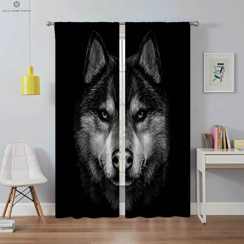 3D Printed Polyester Fiber Curtain, Rod Pocket, Bedroom, Living Room, Study, Decorative, Dream Star, Wolf, 2 Pcs