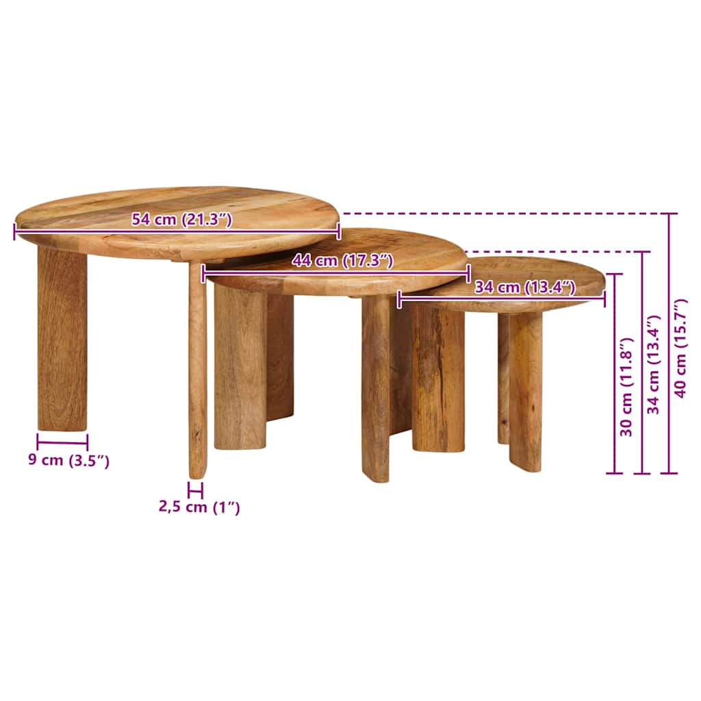 Nesting Coffee Tables 3 Pcs. Brown Ø 54 X 40 Cm Solid Mango Wood