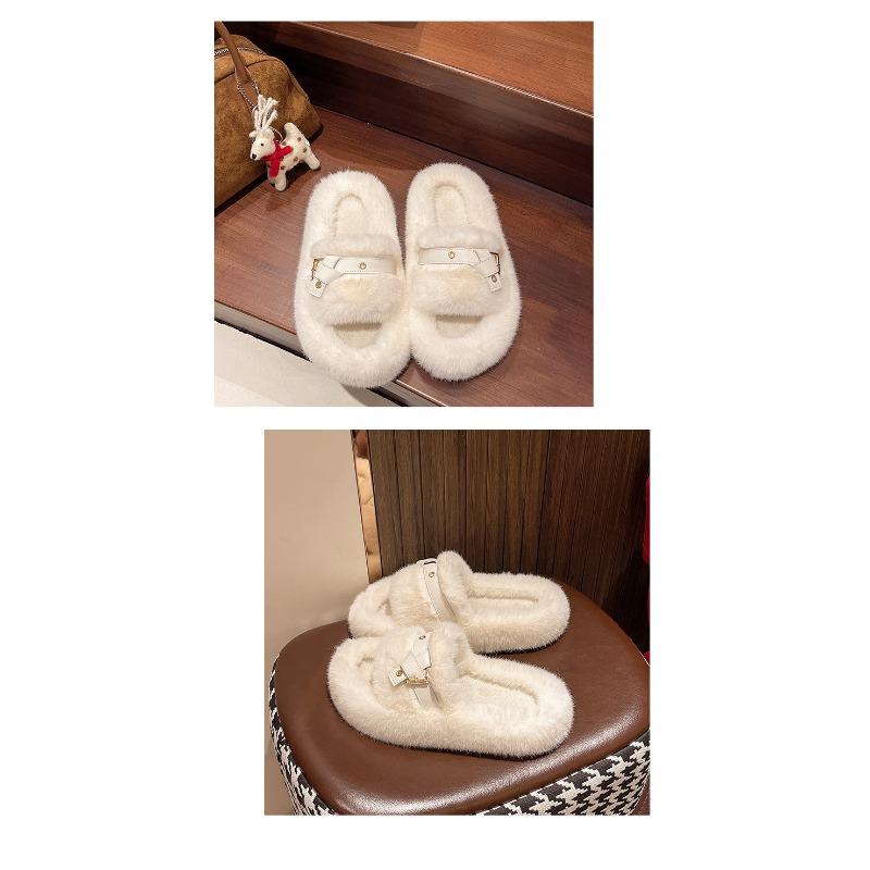 Women's Autumn and Winter New Fur Slippers Fashion Wear Belt Buckle Cotton Slippers