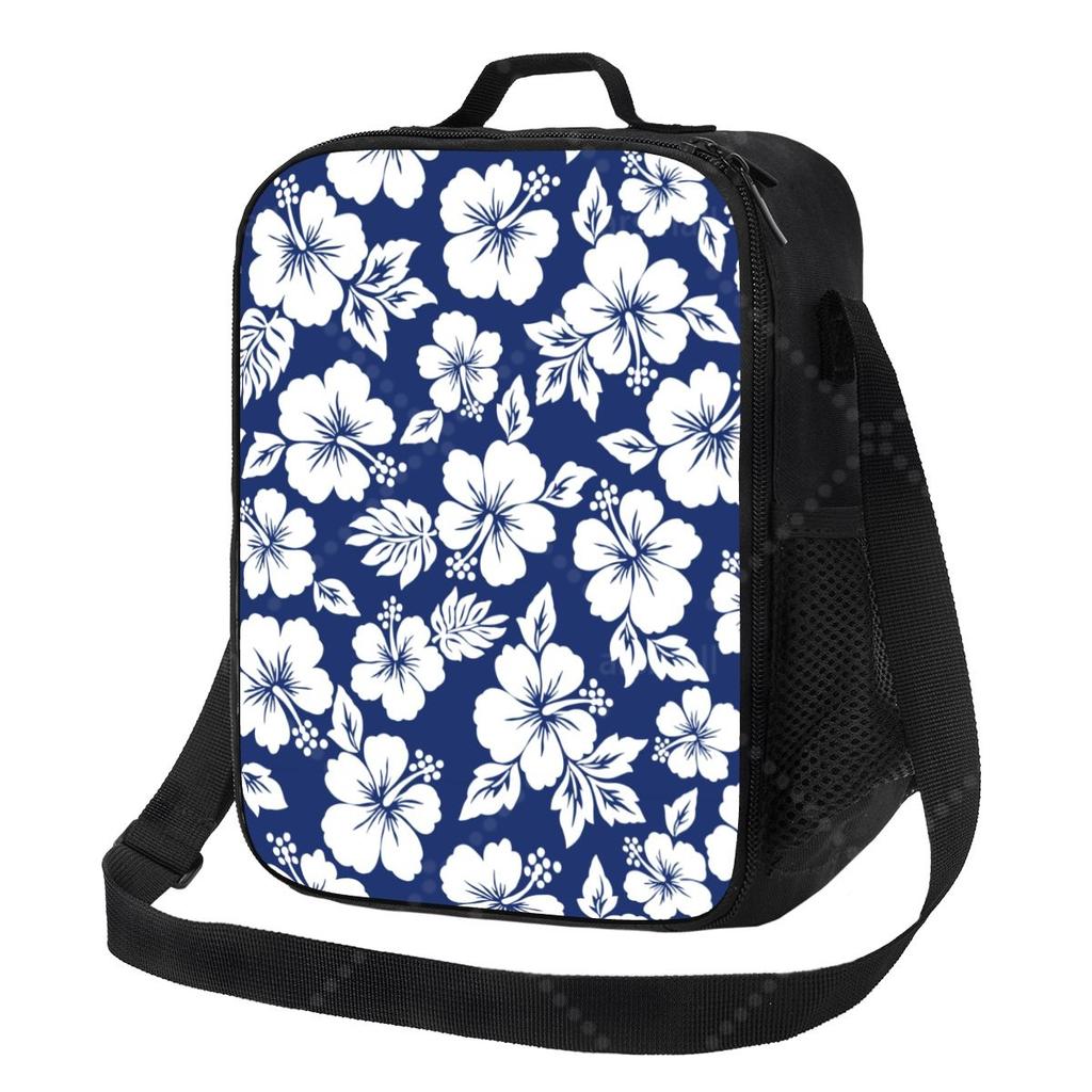 Black With White Hibiscus Hawaiian Flower Pattern Lunch Bag with Adjustable Shoulder Strap Reusable Thermal Bento Tote for Work