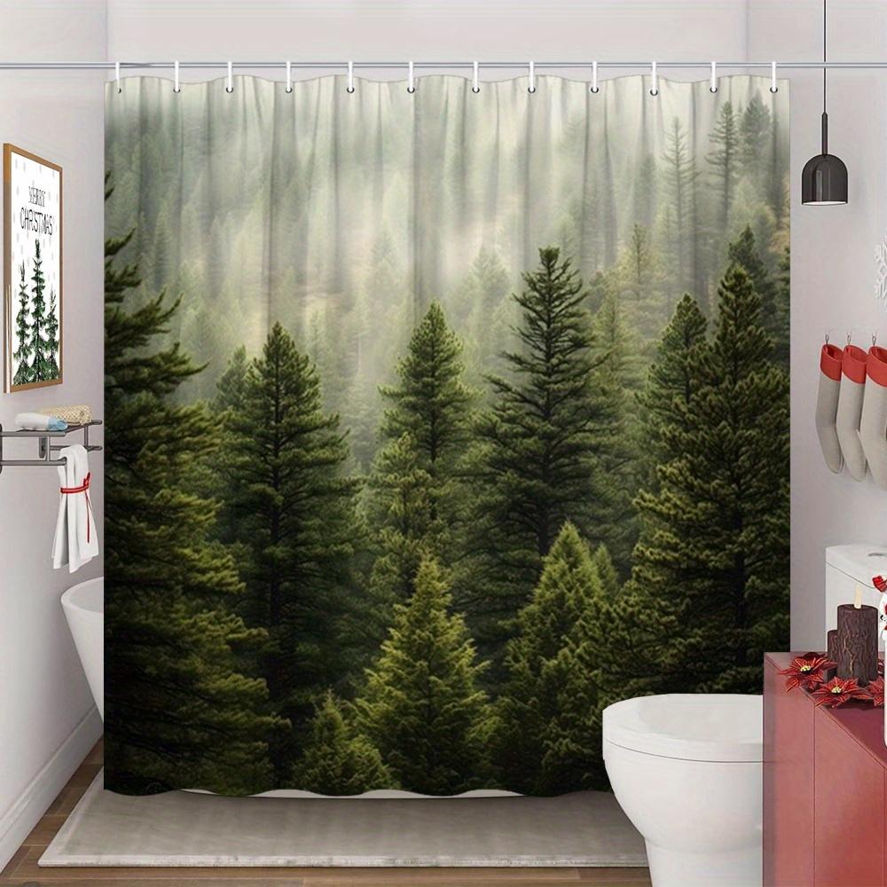 Dark Green Pine Forest Shower Curtain Misty Trees Landscape Print Polyester Bath Curtain With 12 Hooks For Nature Decor