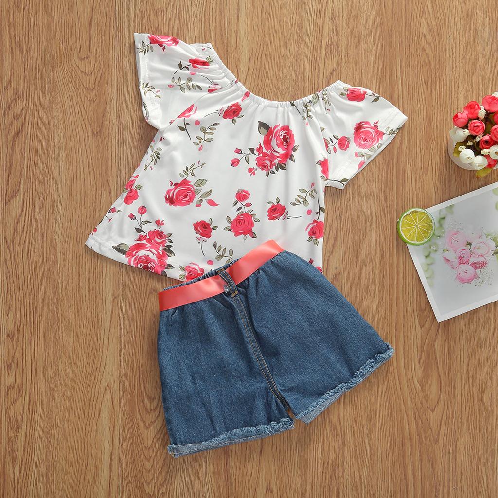 Kids Girls Two-Piece Outfits, Short Sleeve Flower Pattern Tops + Ripped Short Trousers