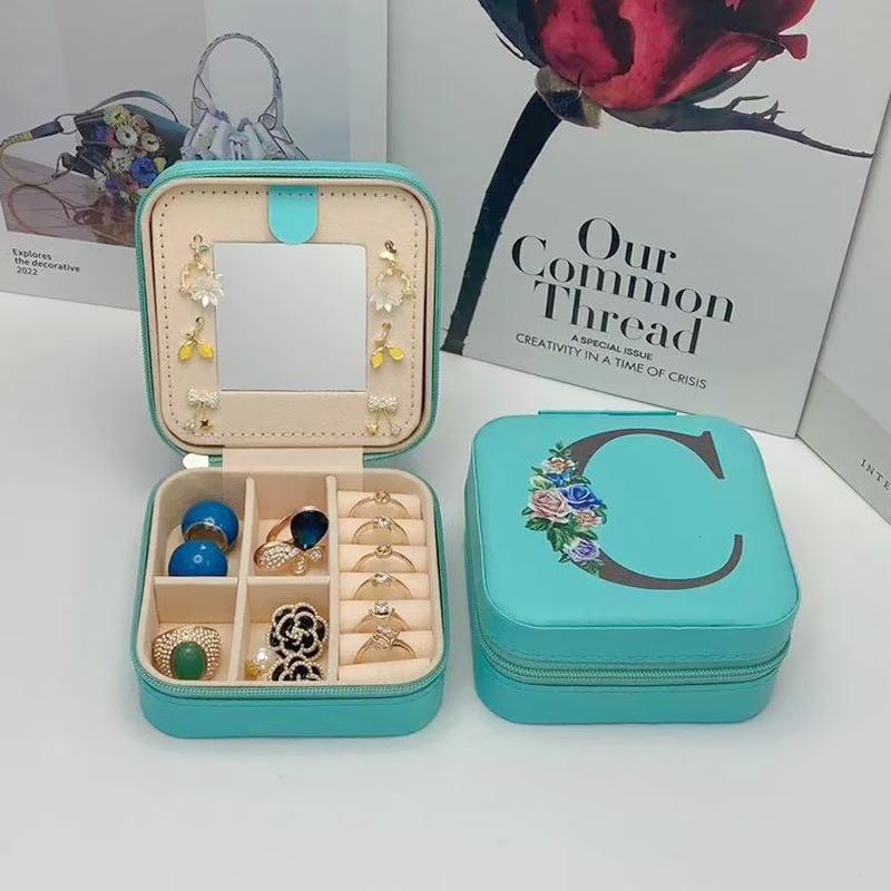 PU Leather Jewelry Box Mirror Storage Box 26 Letter Printed Portable Jewelry Organizer Earring Ring Necklace Case