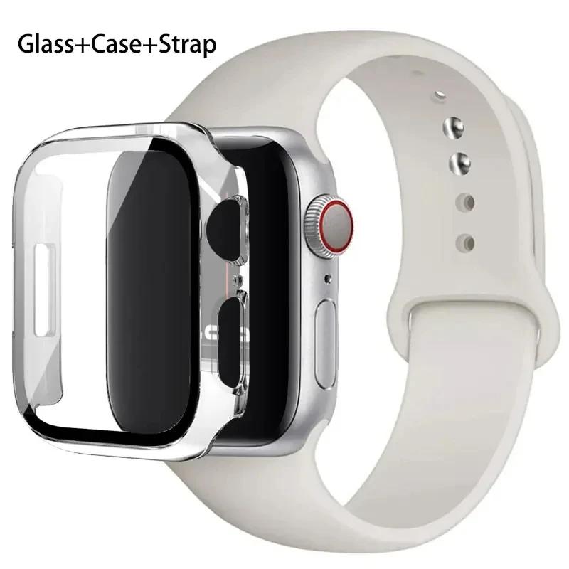 Glass+Case+Strap For Apple Watch band 46mm 45mm 44mm 41mm 40 38mm Silicone watchband bracelet iWatch series 10 9 8 7 6 5 4 3 SE