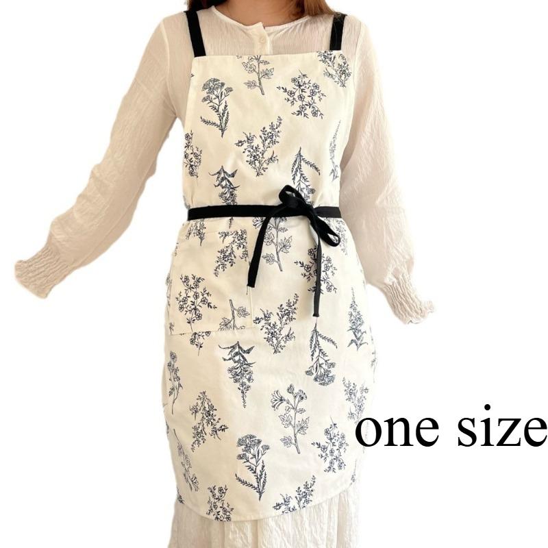 1pc Pure Cotton Canvas Drawstring Apron Black and White Leaf-shaped Apron Korean Style Modern Simple Kitchen Supplies