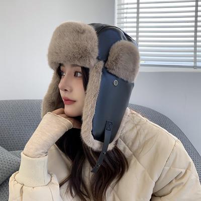 Leather Lei Feng Cap Men and Women In The Fall and Winter Thickened Warm Ear Protection Cap Outdoor Skiing Cycling Velvet Cold Hat