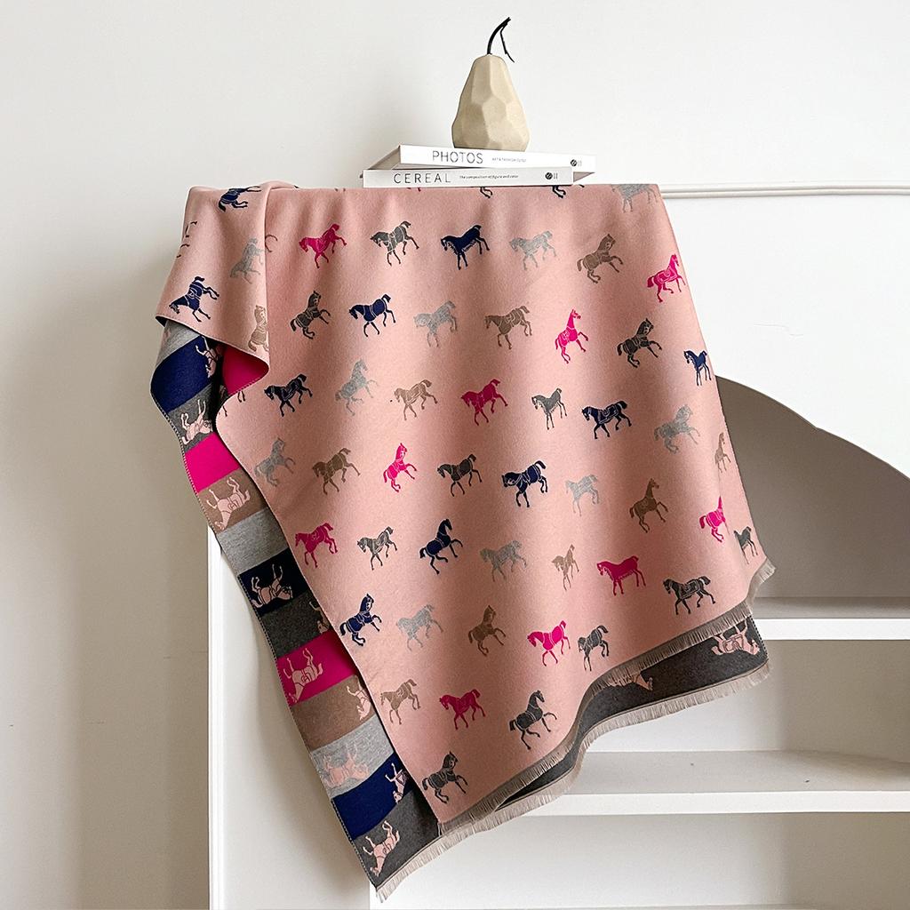 Autumn And Winter Warm Imitation Cashmere Scarf Women'S Double-Sided Cute Cartoon Horse Color Matching Thickened Scarf Empty Shawl