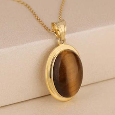 Tiger Eye Oval Gemstone Necklace, Statement Jewelry, Designer Necklace, Yellow Gold Jewelry, Gift For Her, Boho Jewelry, 925 Sterling Silver