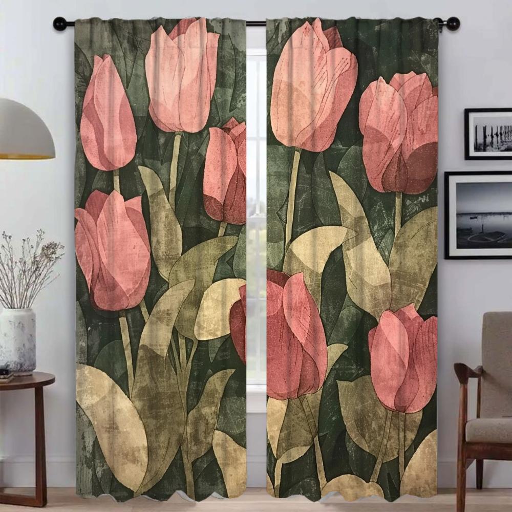 Roses and Pink Tulips Curtains for Living Room Curtain Tulle for Bedroom Shades Home Interior Curtains 2 Pieces Partition Camera