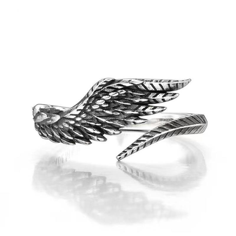 Unisex Retro Thai Silver Angel Wings Feather Ring Adjustable Open Size