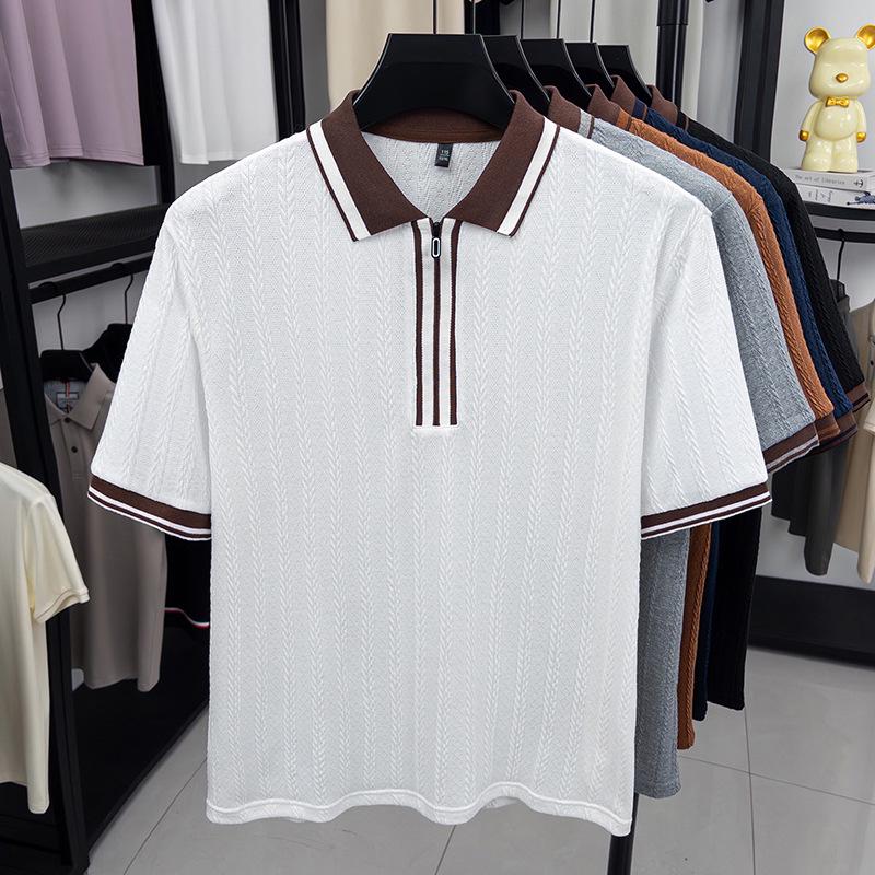 Men's Hipster Striped Knit Shirt - Short-Sleeve Lapel T-Shirt Top
