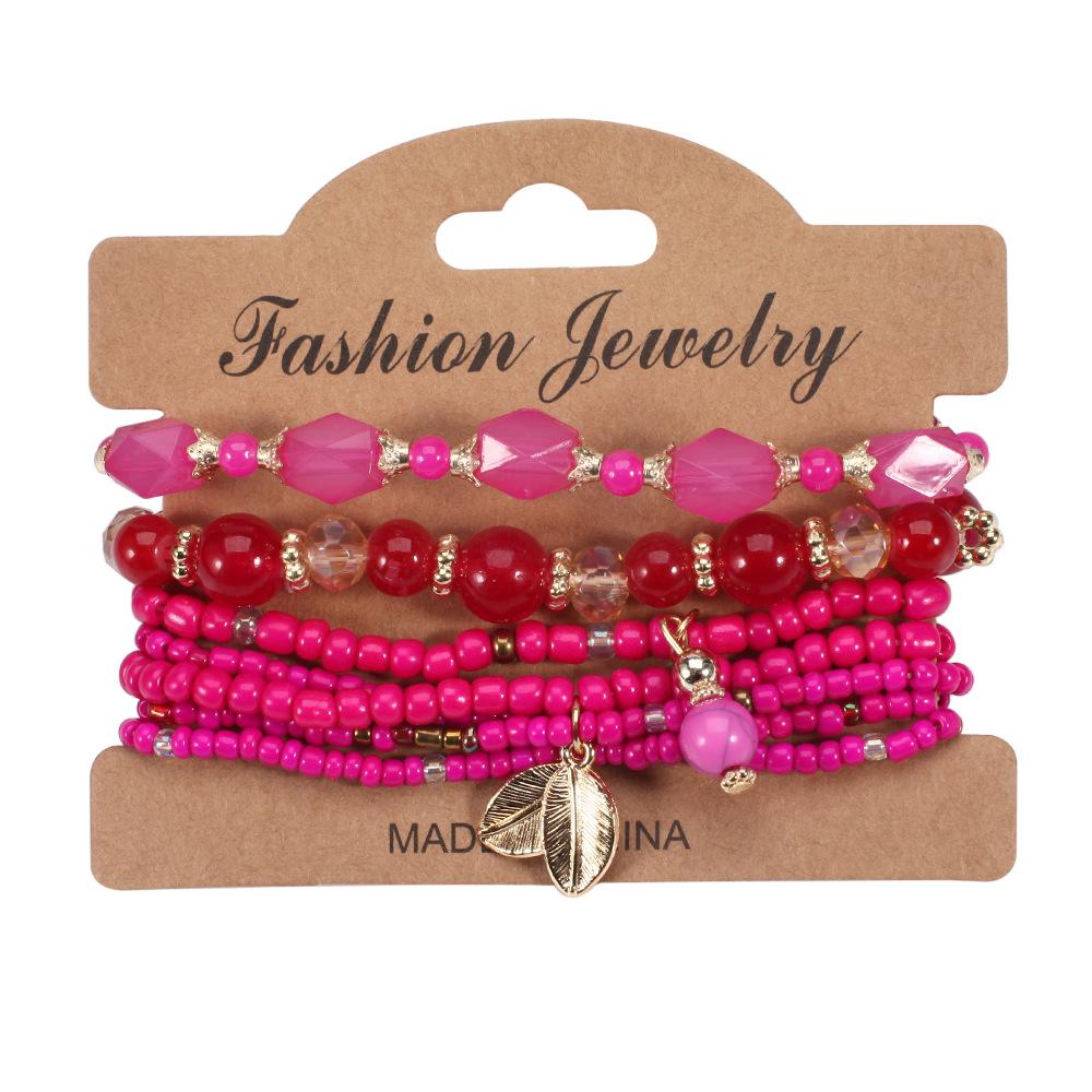 Bohemian Multi-Layer Beaded Leaf Charm Stretch Bracelet for Women