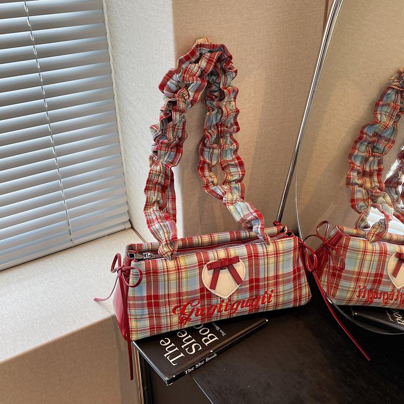 

Folded handbag bag women s new trendy fashion bow plaid underarm niche single shoulder pillow bag бордовый