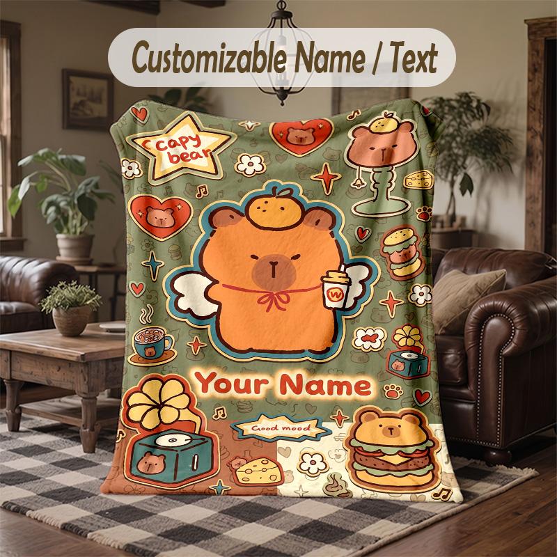 Cute Bear Friends Cafe Theme Throw Blanket Custom Name Text Personalized Blanket Soft Cozy Blanket for Home Sofa Bed