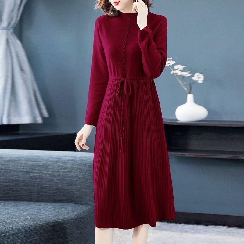 

Вязаное платье с полувысоким воротником для женщин на осень и зиму однотонное миди шерстяное платье повседневный пуловер с длинным рукавом 2XL вино красного