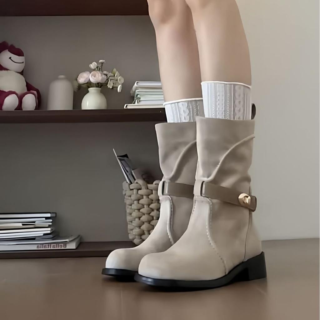 Cowhide Version~ French Metal Short Boots Retro Thick Heel Boots Children with Skirt Inner Height Increase and Thin Western Cowboy Boots