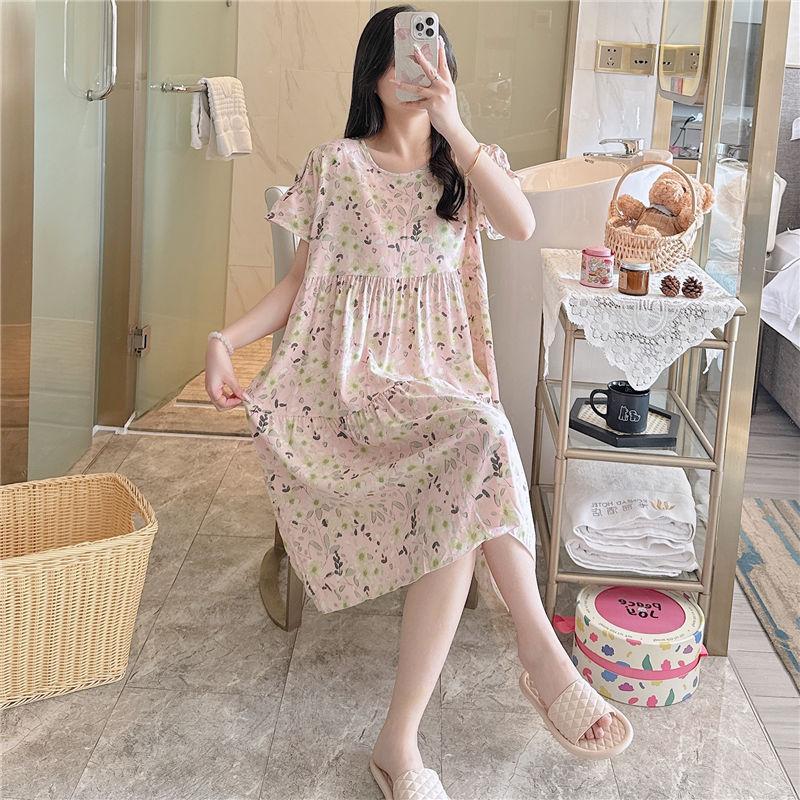 Cotton and silk nightgown women's spring and autumn casual short-sleeved large-size printed pajamas summer thin high-end cotton loungewear