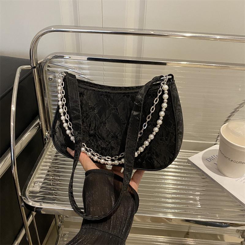 2025 Spring New Pure Desire Korean Pearl Metal Double Chain Armpit Bag Commuter Women's Shoulder Bag Handbag