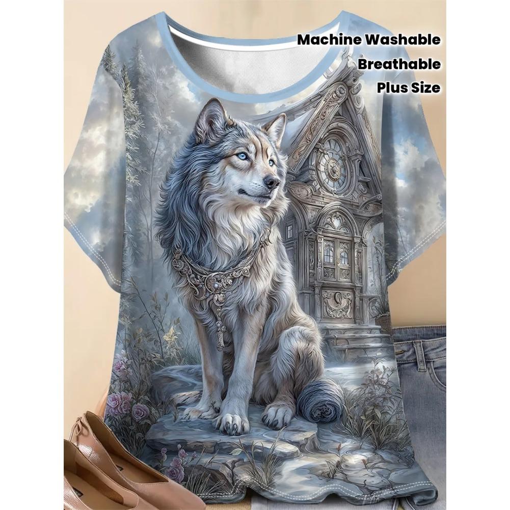 Plus Size Casual Crew Neck Short Sleeve Cartoon Animal Print T-Shirt - Soft Stretch Polyester Fabric Spring and Summer Womens Relaxed Fit Clothing
