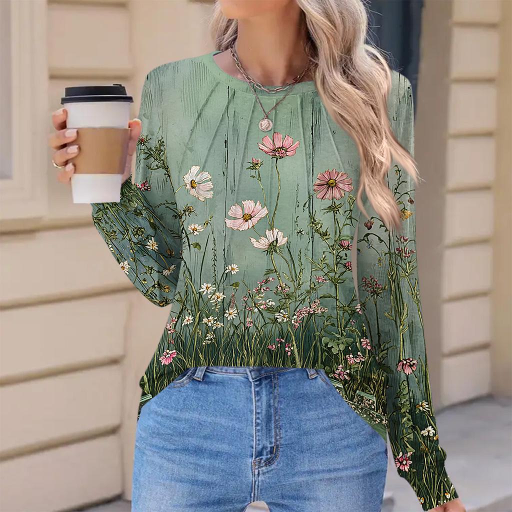Women's Fashionable Casual Floral Retro Print Pleated Comfortable Round Neck Loose Long Sleeve T-shirt Top