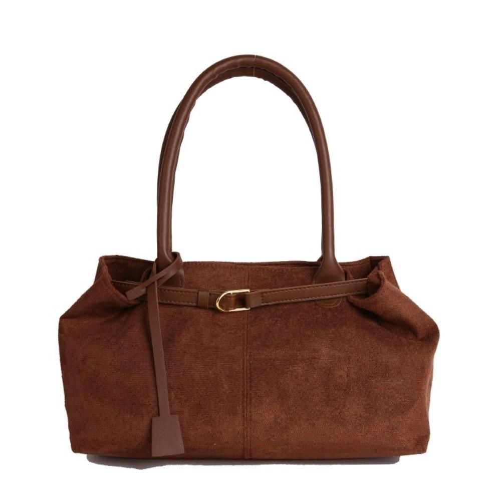 

Elegant Autumn Winter Tote Bag Large Capacity PU Leather Versatile Commutingr Bag Solid Color Simple Faux Suede Shoulder Handbag коричневый