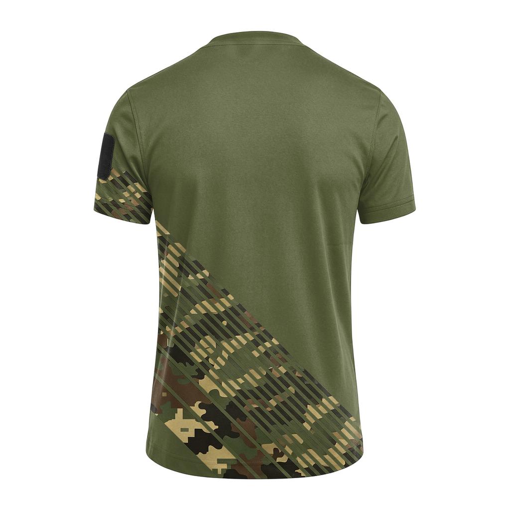 Men Tactical Crew Neck Loose Fit Breathable Outdoor Quick Dry T Shirt with Camouflage Print and Hook Loop Patch Design