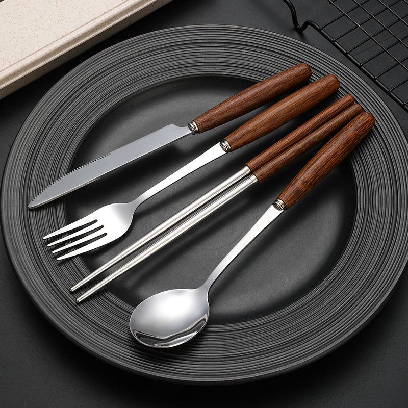 Japanese Stainless Steel Cutlery Set - Creative Knife, Fork & Chopsticks with Wood Handles, Travel-Friendly for Adults & Students