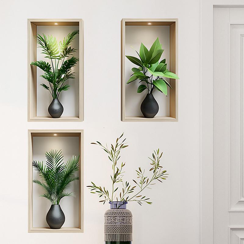 Green Plants Wall Sticker Potted Mural Simulation Painting For Living Room Home Decor Background Wall Art Removable Decals