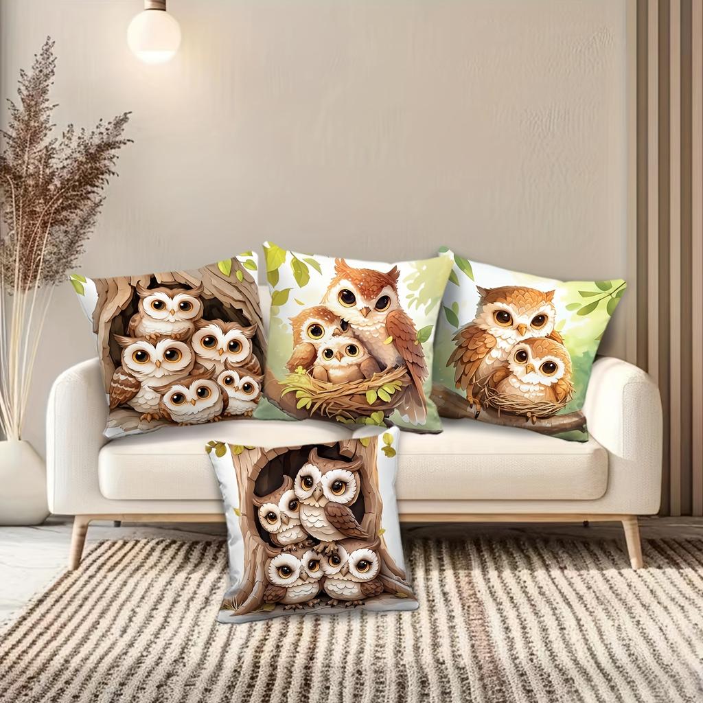 4Pcs Cartoon Owl Family Digital Printing Pillow Cover Short Plush Suitable Living Rooms Bedrooms Sofas Throw Cushion Cover