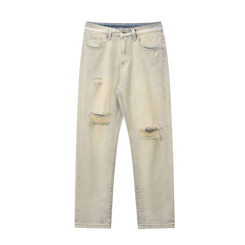 Americké pouliční prané staré zažloutlé volné džíny pánské univerzální střih ležérní výklenku smažené pouliční dlouhé kalhoty