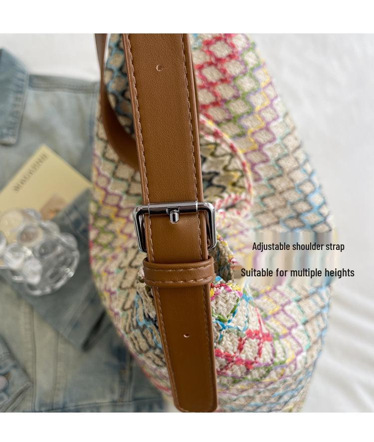 Stylish Striped Straw Shoulder Bag - Large Capacity Korean Vacation Handbag for Women