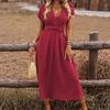 European and American Women's Summer Solid Color Waist V-neck Bat Sleeve Waist Fold Long Elegant Dress Women's Clothing