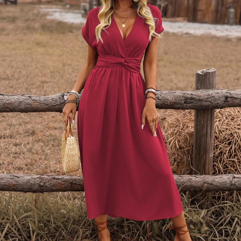 European and American Women's Summer Solid Color Waist V-neck Bat Sleeve Waist Fold Long Elegant Dress Women's Clothing
