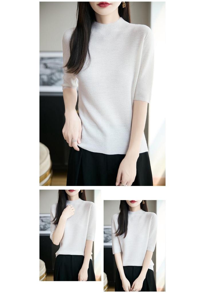 Yangzi 100% Wool Half-High Neck Knit Top, Women's Five-Point Sleeve Sweater - Early Autumn 2026