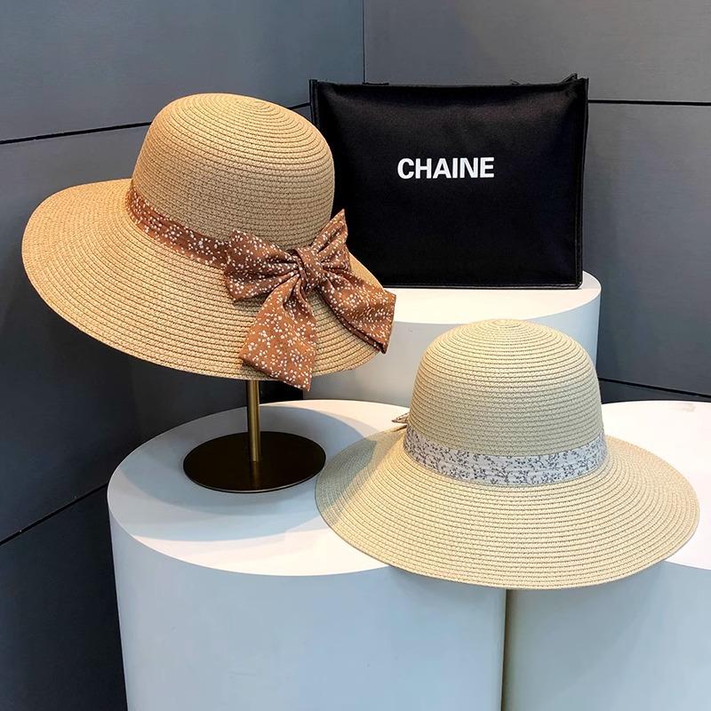 Hepburn style straw hat seaside vacation sun hat summer straw braided big brim temperament bow sun hat women's