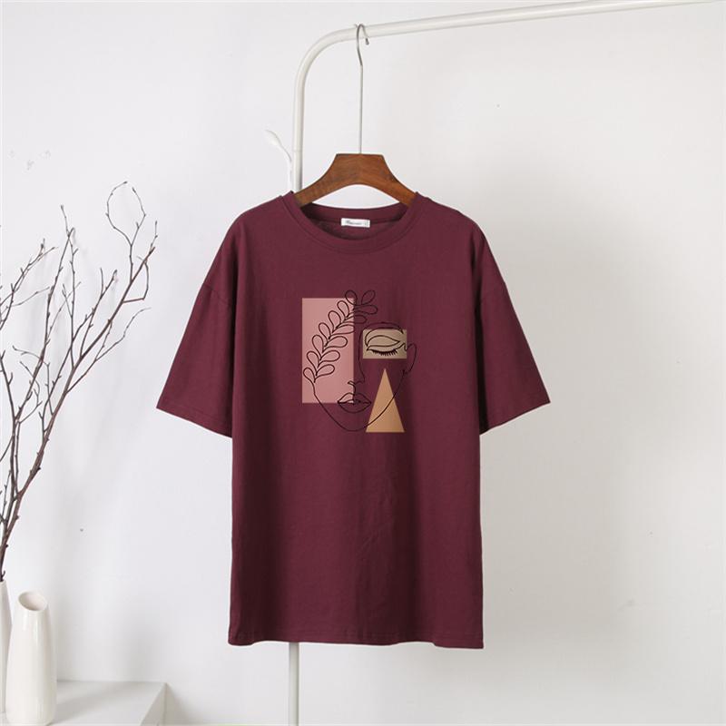 

Shellsuning свободные футболки с принтом из 100% хлопка для женщин, летние элегантные мягкие базовые футболки, женские шикарные топы с короткими рукавами большого размера 3XL вино красного