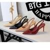 Fashion Pointed Toe High Heels Open Back Slip On Shoes Glossy Patent Leather Women Dress Pumps Low Cut Thin Heel