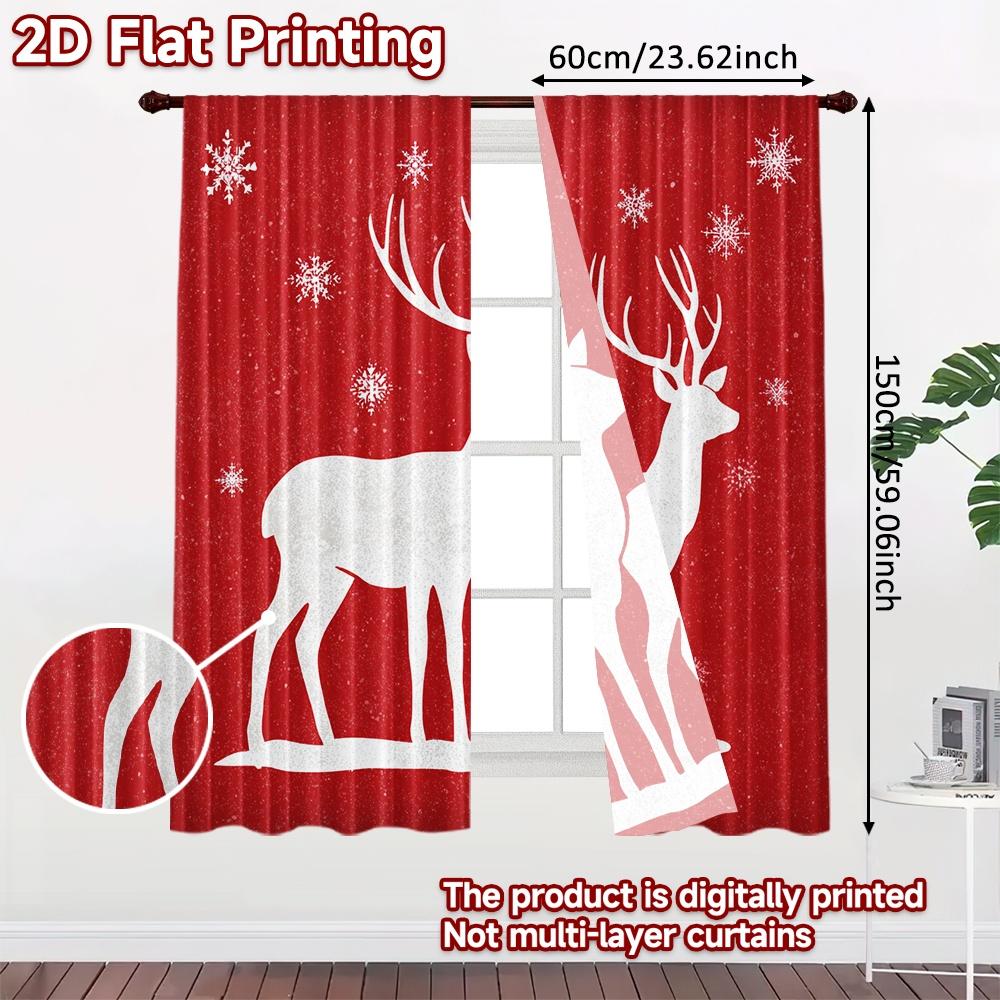 2pcs, 2D FLAT PRINTING Curtains (Without Rod) Reindeer Duo Christmas Holiday Curtains Semi-Sheer Curtains Decorations Inside Use