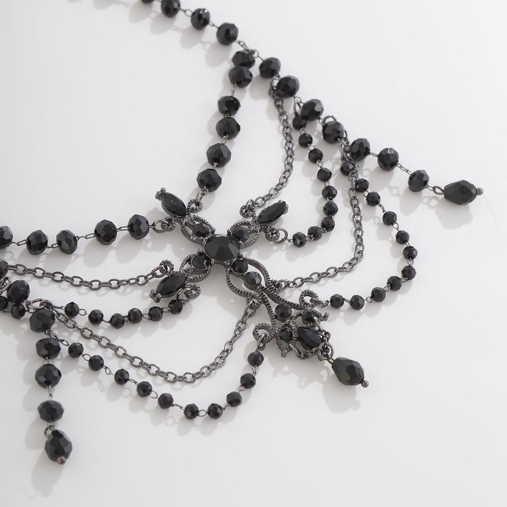 Kadınlar İçin Gotik Lolita Koyu Haç Kristal Boncuklu Püsküllü Choker Kolye