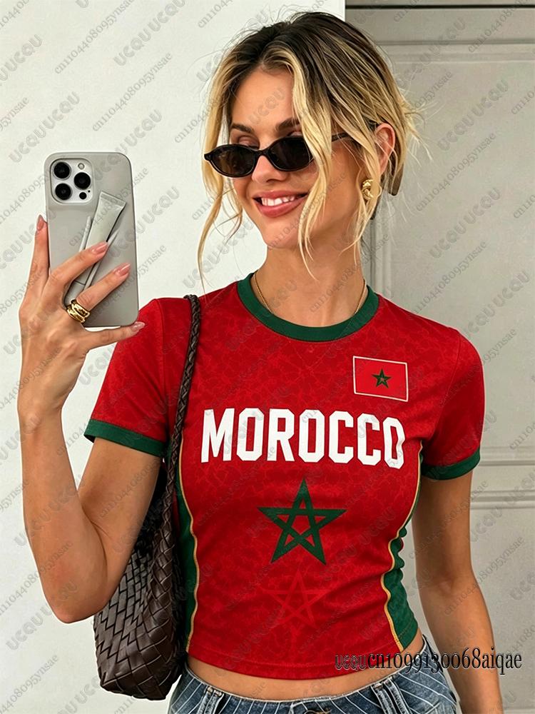 Letnie Nowe Vintage Print Marokański Damskie Krótkie Top O-Neck Patchwork Krótki Rękaw Sportowy Koszulka Piłkarska Y2K Maroko Street Top