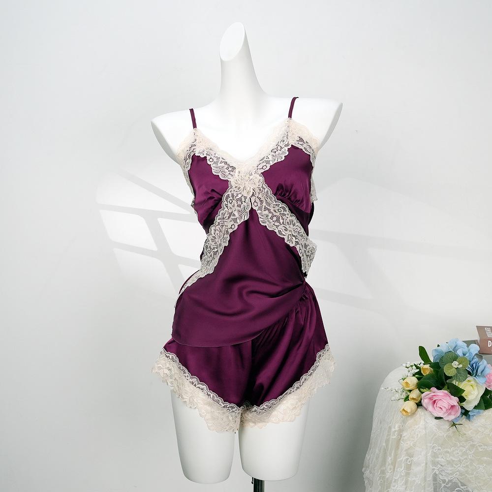 Summer Lace Camisole Nightgown with Removable Pads - Women's Sexy Ice Silk Pajamas