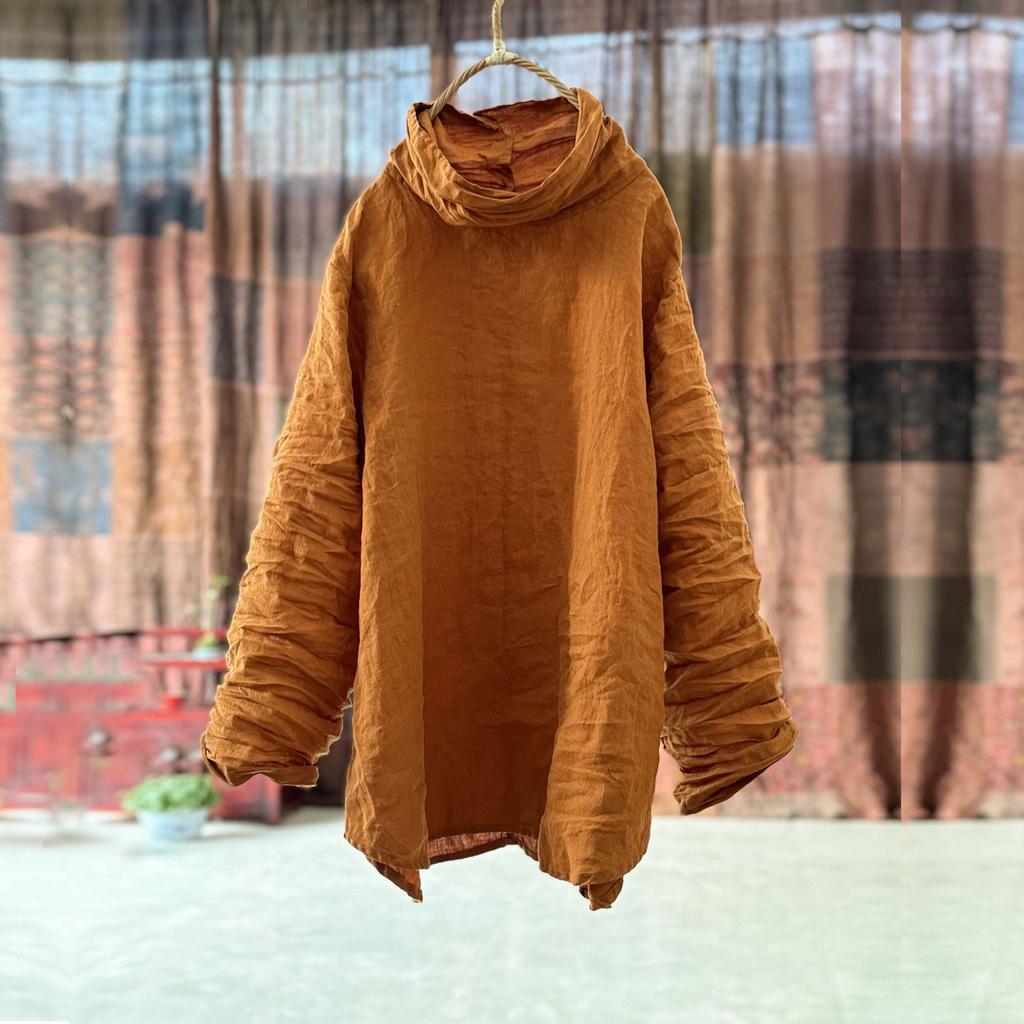 Johnature Tricouri de damă Culoare uni Gât înalt Mânecă lungă Primăvară Vintage Femei Tricouri largi