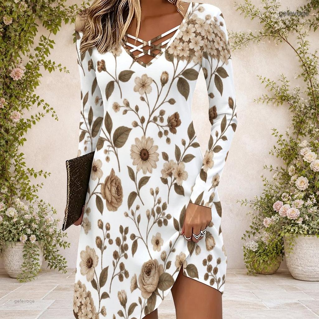 Women Floral Printed Criss Cross V Neck Long Sleeve Curved Hem Dress